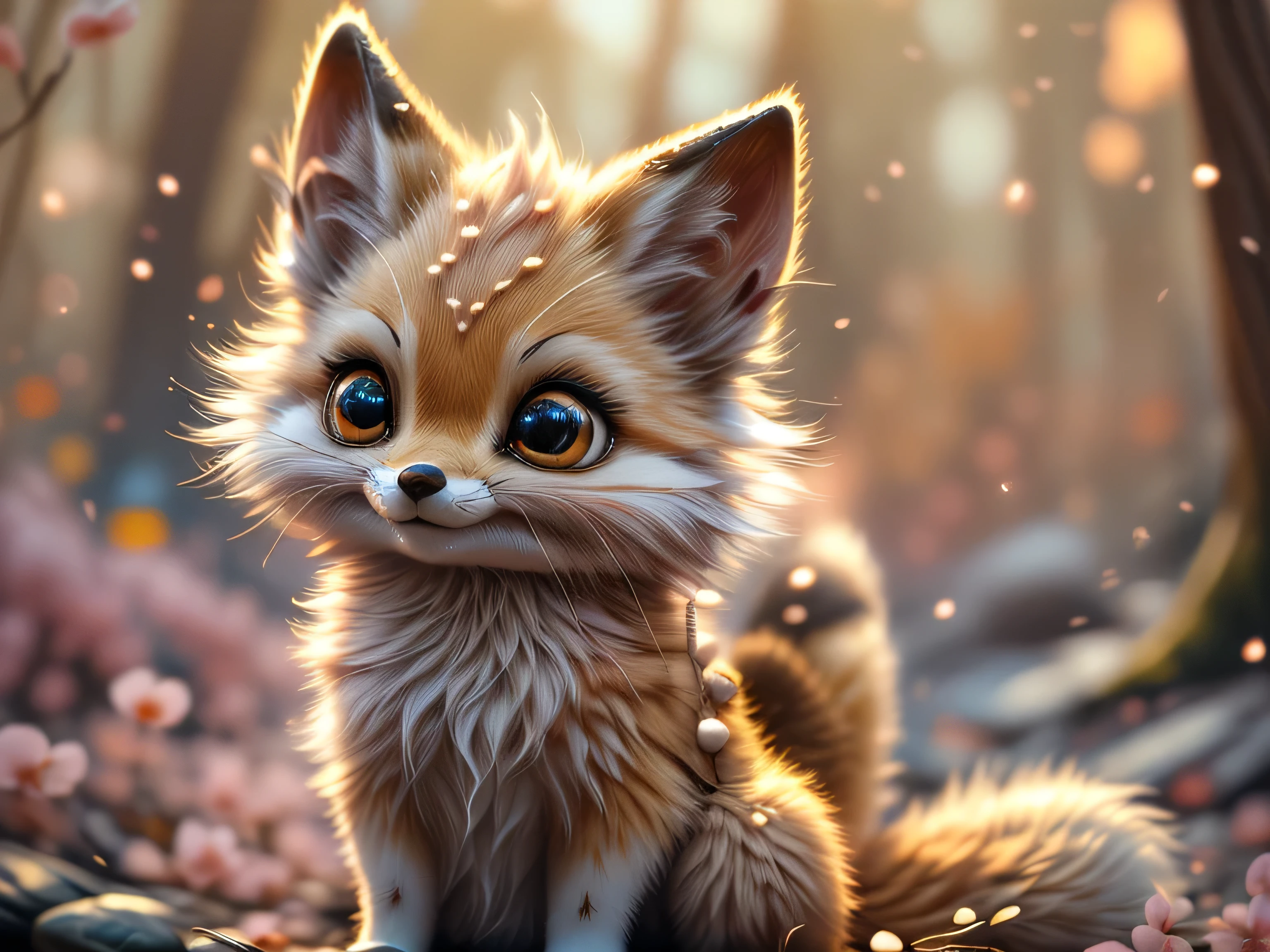 Magical Fantasy Creature, (Best Quality, Masterpiece, Representative Work, Official Art, Professional, Ultra Fine Detail, 8k:1.3), (Photorealism:1.2), Fox Spirit, Super Cute, Big Eyes, Soft, Delicate Nose, Fluffy, Two-Toothed Smile, Cute Fennec Fox Ghost, Realistic, Beautiful, Sparkling, Stars in Eyes, Star Pearl, Fox Lights, Soft Volumetric Light, (Backlight:1.3), (Cinematic:1.2), Intricate Details, (ArtStation:1.3), --auto --s2
