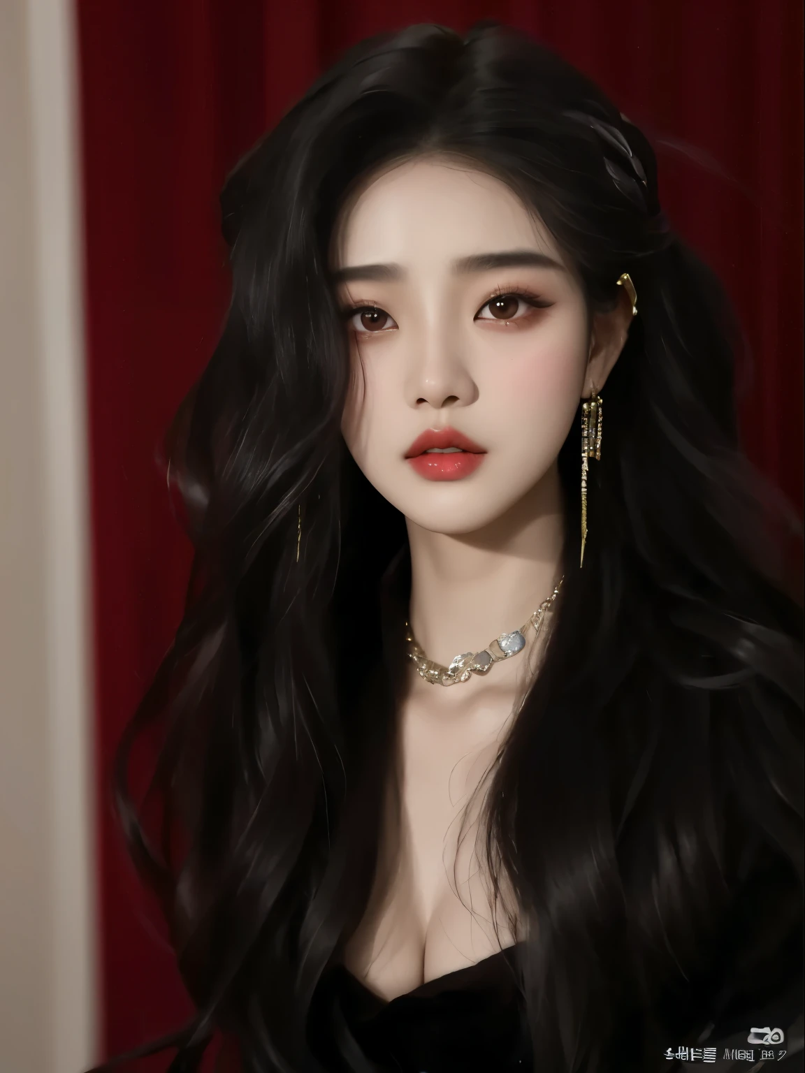 a close up of a woman with long black hair wearing a necklace, Jinyoung Shin, Sha Xi, Bingbing, retrato de jisoo blackpink, dilraba dilmurat, ruan jia linda!, ulzzang, inspired by Wu Bin, IU Lee Ji-eun as a supervillain, jia, cruel korean goth girl, popular south korean makeup, Xisionwu