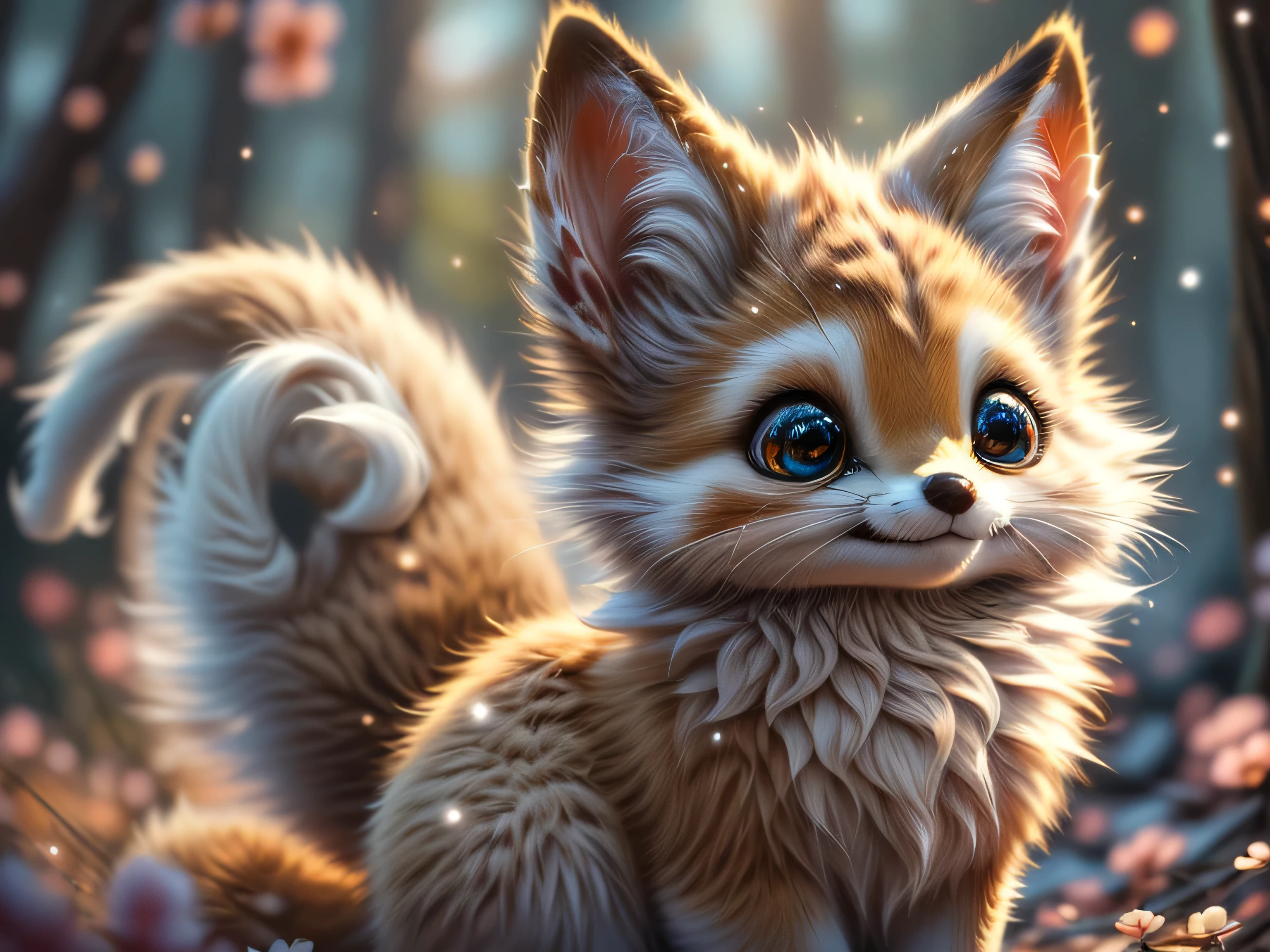 Magical Fantasy Creature, (Best Quality, Masterpiece, Representative Work, Official Art, Professional, Ultra Fine Detail, 8k:1.3), (Photorealism:1.2), Fox Spirit, Super Cute, Big Eyes, Soft, Delicate Nose, Fluffy, Two-Toothed Smile, Cute Fennec Fox Ghost, Realistic, Beautiful, Sparkling, Stars in Eyes, Star Pearl, Fox Lights, Soft Volumetric Light, (Backlight:1.3), (Cinematic:1.2), Intricate Details, (ArtStation:1.3), --auto --s2