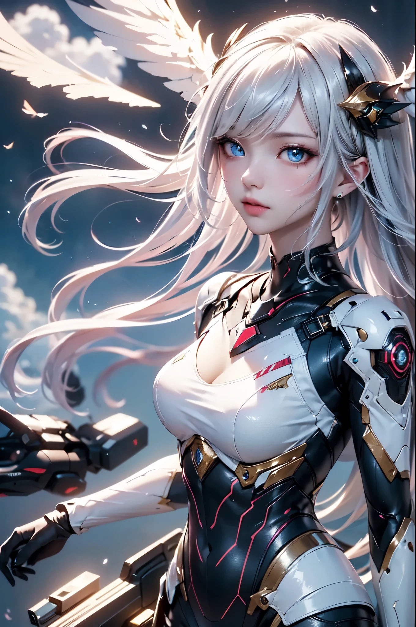 2.8D illustration, masterpiece, (highest quality: 1.2), (super fine: 1.2), figure, (very delicate and beautiful: 1.2), film angle, floating, (beautiful detail eyes: 1.1), (detail light: 1.1), film light, delicate sky, fantasy, sci-fi battlefield, 1girl, white hair, mechanical hair ornament, headgear, mechanical suit, Deep Blue Eyes, medium breasts, shiny skin, mechanical wing, ((float in the sky:1.5, fly in the sky:1.4)), cloud, Light particles.
