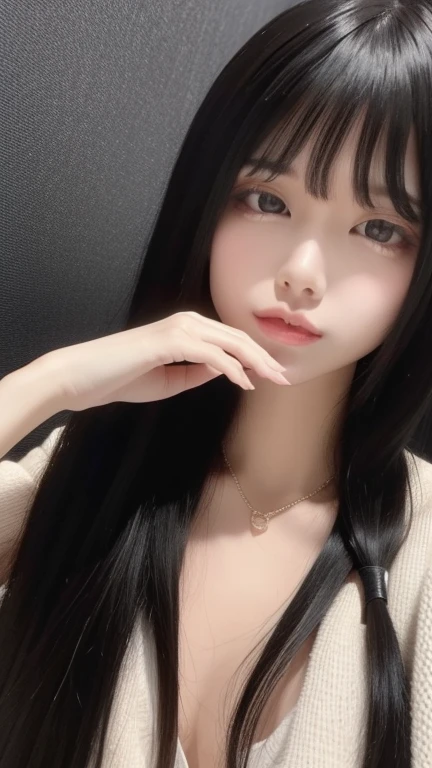 asian girl, black long hair with bangs, posing for photo. uzzlang. korean. beautiful with big , close up picture, selfie, indoor, douyin makeup, wearing long sleeve white off shoulder shirt.