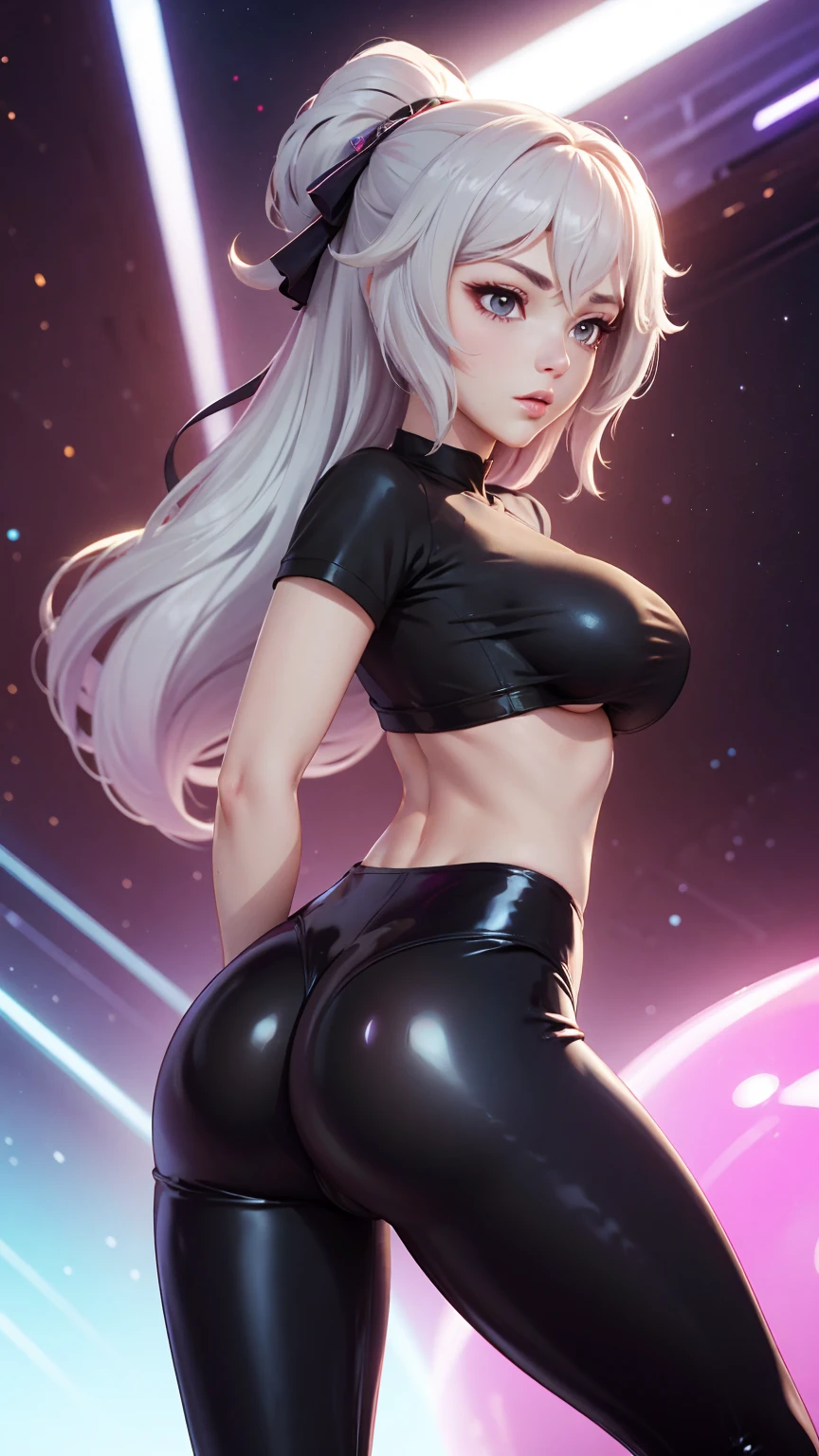 Bronya zaychik ex(honkai impact), white hair, t-shirt underboob, tight leggings latex, sexy posing, perfect ass, perfect breast, without bra, background galactic 