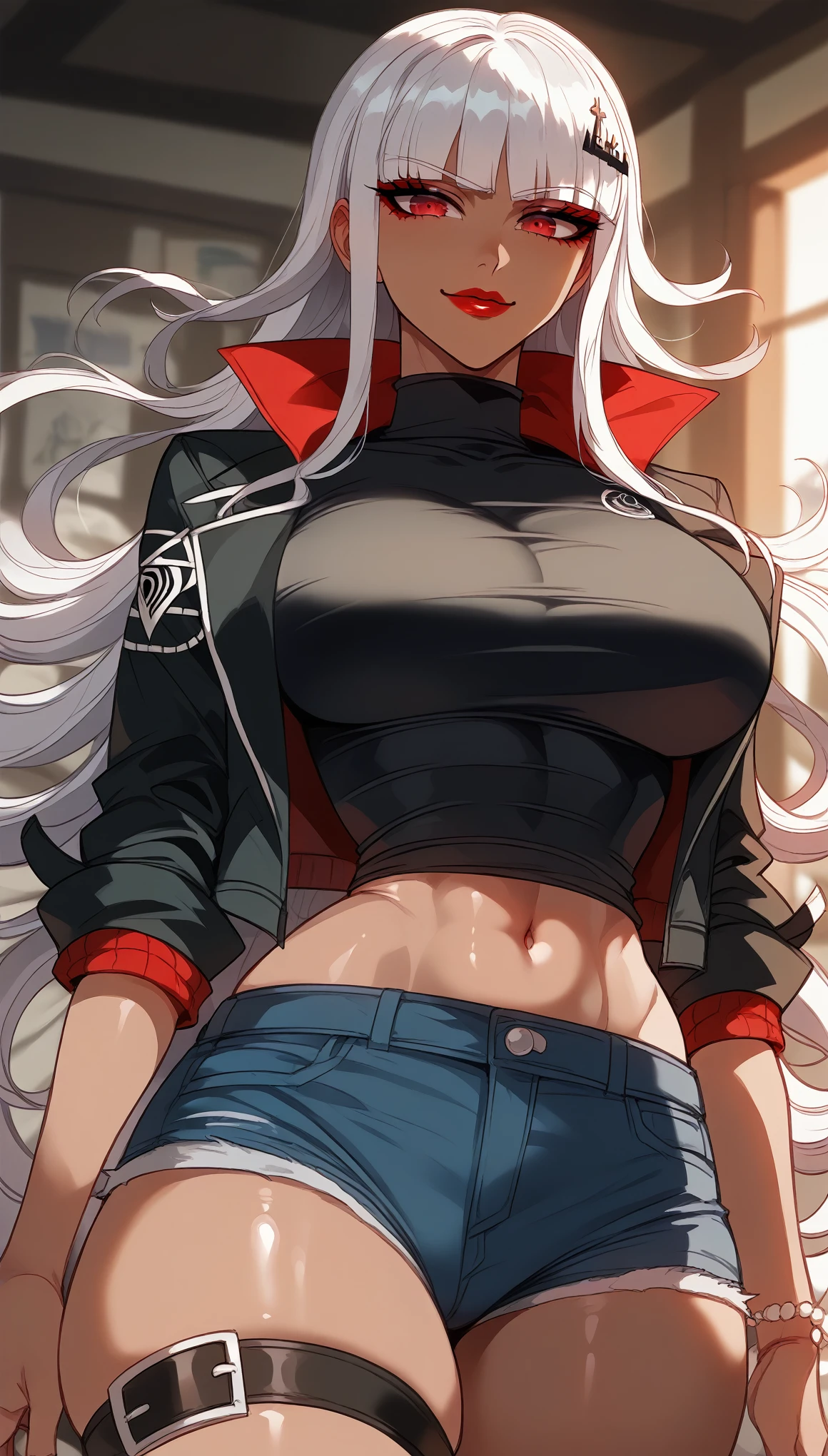  perfect eyes、 perfectly sexy face、Ultra Detailed、Kyoko Kirigiri、Danganronpa、shiny hair、( Big breasts ), black shirt、black jacket、Tight Waist、thin waist、 dark blue denim shorts、 Thigh straps 、shiny skin、 tanned skin 、Beleza、erotic、Red Eyeliner、 red lips、wicked smile、 looking at the spectator、