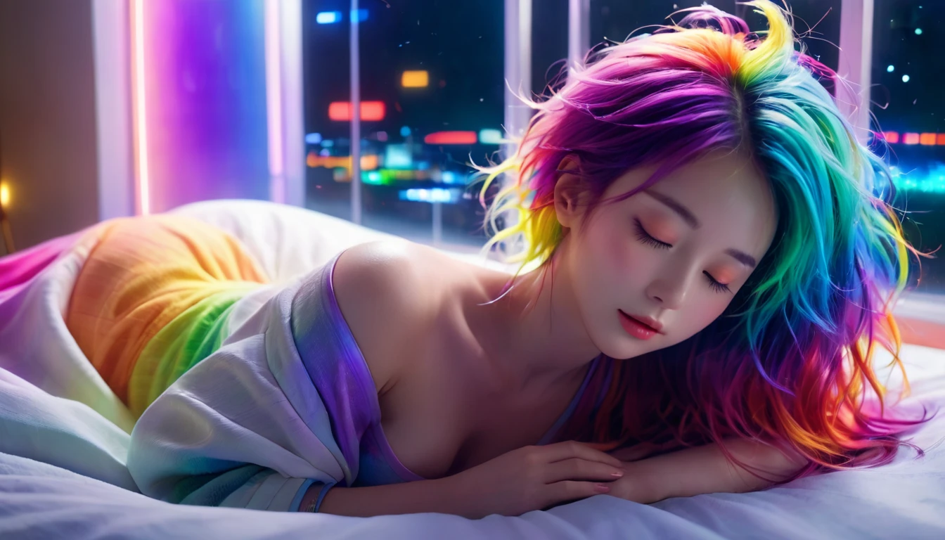 (Highest quality,8ก,Very detailed:1.2),(CG,CG Art,3D Rendering),(masterpiece:1.2),（Crawling on the table），（Sexy Clothes Movie Lights,Future),(Woman lying in bed,sleep,close your eyes),(The big window behind her,quiet night.),(Colorful Hair:1.5)