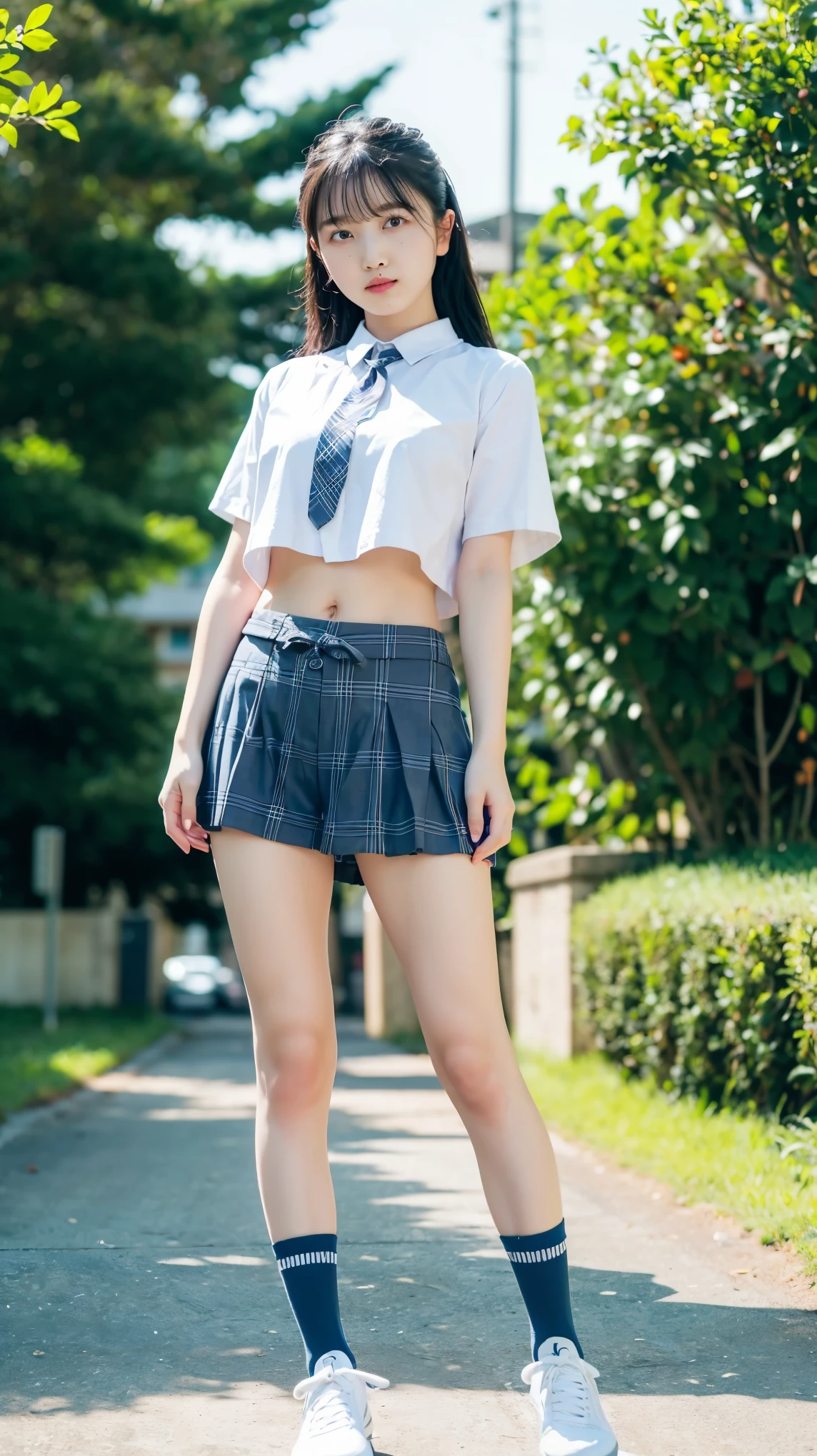 1 person、(8k、 RAW Photos、Best Quality、 High Quality、 masterpiece:1.2)、( real、 real)、1 person、( medium hair、Y shirt with white collar 、tie、Breast enlargement、 blue plaid mini short skirt、Thin legs、(Loose fitting socks、 wearing loose socks:1,2)、 sneakers 、View from the front、Looking into the camera、School grounds、( stand with your hands on your lower back, standing:1,2))、 cute、Show me your whole body、