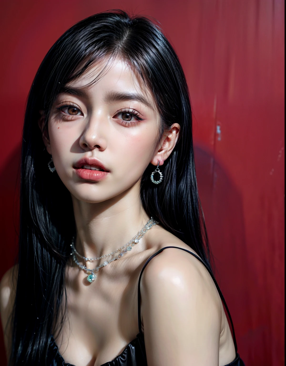 Araffe Asian woman with long black hair wearing a necklace and earrings, Ulzzang, maquiagem sul-coreana popular, pale porcelain white skin, Kim Doyoung, cruel korean goth girl, maquiagem coreana popular, Jinyoung Shin, Retrato de Jossi do Blackpink, jaeyeon nam, retrato de jisoo blackpink, young lovely korean face, linda jovem coreana, linda mulher sul-coreana