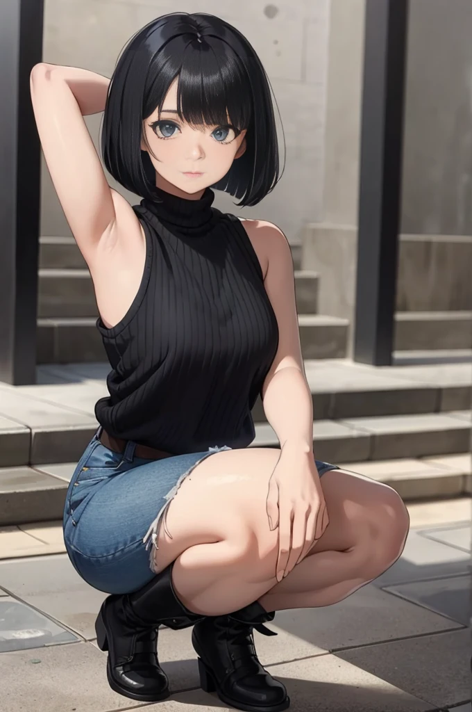 beautiful, (masterpiece:1.2), (best quality:1.2), perfect eyes, perfect face, perfect lighting, 1girl, black hair, bob cut, hair covering one eye, grey sleeveless sweater, look at the viewer, (wide angle:0.8)
,squatting,arms up,