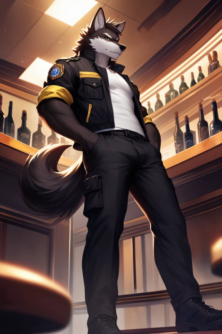 solo,furry,furry male,wolf,adult,black_skin,black fur,wolf ears,wolf tail,muscular,tall,white tank_top,black cropped_jacket,black cargo_pants,contempt,shaded_face,standing,hand_in_pocket,from_below,looking_down,looking_at_viewer,bar \(place\), Golden patterns on the body,(masterpiece:1.3),(best quality:1.2),(ultra-detailed:1.2),(8k resolution:1.2),highres,original,extremely detailed wallpaper,perfect lighting,(extremely detailed CG:1.2),dynamic composition,realistic rendering,depth of field,digital painting,concept art;