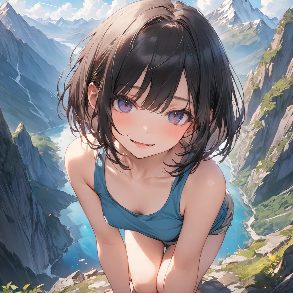 masterpiece, Mountainous Regions, desert, Black Hair, blunt bangs, short hair, Ahoge, blue eyes, (((nude))), 1 girls, open mouth, organic , Ahegao, fang, (((glaring))), spread legs, abs, Upper Body, Sweat, cum on pussy, front, From above, arms behind head, ((Small breasts))