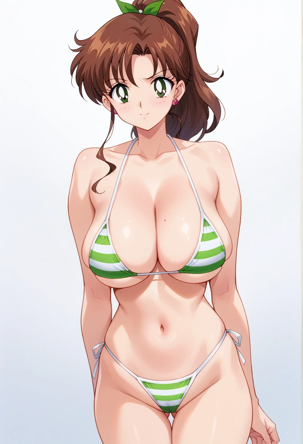 score_9, score_8_up, score_7_up,source_anime, best quality, masterpiece, full detailed, clear skin, high res, cinematic light, (masterpiece), best quality, perfect face, beautiful woman, perfect body shape, score_6_up, score_5_up, 1girl, solo, cute face, 
aajupiter, slrmn, kino makoto, Brown hair, long hair, ponytail, sagging large breast, bikini,
looking at viewer, 