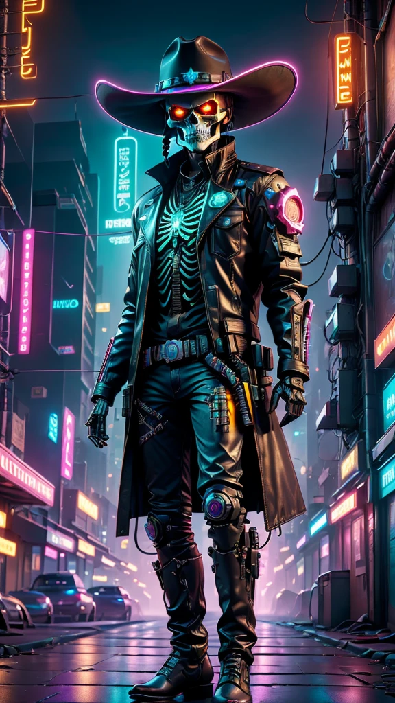 cyberpunk personage,Skeleton Robot Cowboy Sheriff,Mysterious dark background,neonlight,cybernetically enhanced,Weapons of the future,wearing a cowboy hat+neonlightedge,Bionic arm,metal chin,red luminous eyes,dystopian city,Focus sharp,Steely texture,vivd colour,concept art style.(Best quality at best,4K,8k,A high resolution,tmasterpiece:1.2),ultra - detailed,(Actual,photoActual,photo-Actual:1.37),