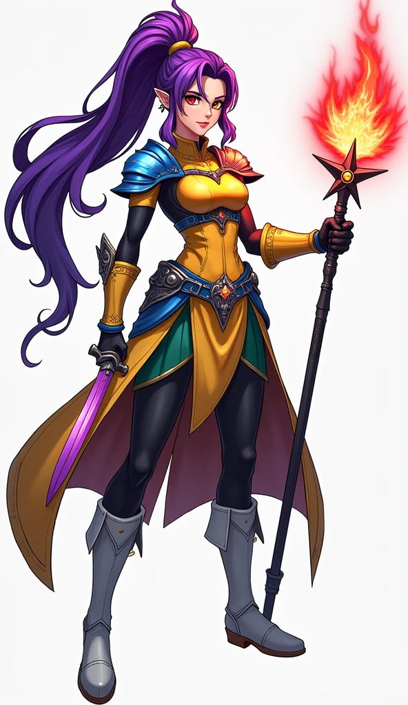 An animated woman that is 6ft tall that has purple hair with a red ponytail and a blue ponytail in her hair. She also has one red eye and one yellow eye. She wears a yellow and blue armored vest and wears a green armored skirt and white boots. She also has a purple sword that is surrounded in a red aura in her right hand. She also wears black gauntlets and has a black staff with a orange orb on top that gas a blue star on it in her left hand.