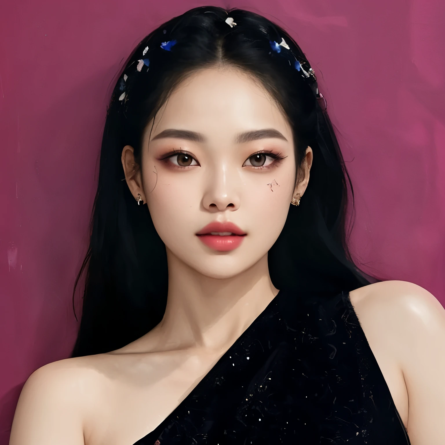 a close up of a woman with a black dress and a flower headband, jennie blackpink, Retrato de Jossi de Blackpink, jossi do blackpink, TaeJune Kim, Parque Ji-min, Gongbi, Parque Roseanne do Blackpink, Heonhwa Choe, Lee Ji - Eun, Lee Ji-eun, her face looks like an orchid, Korean artist