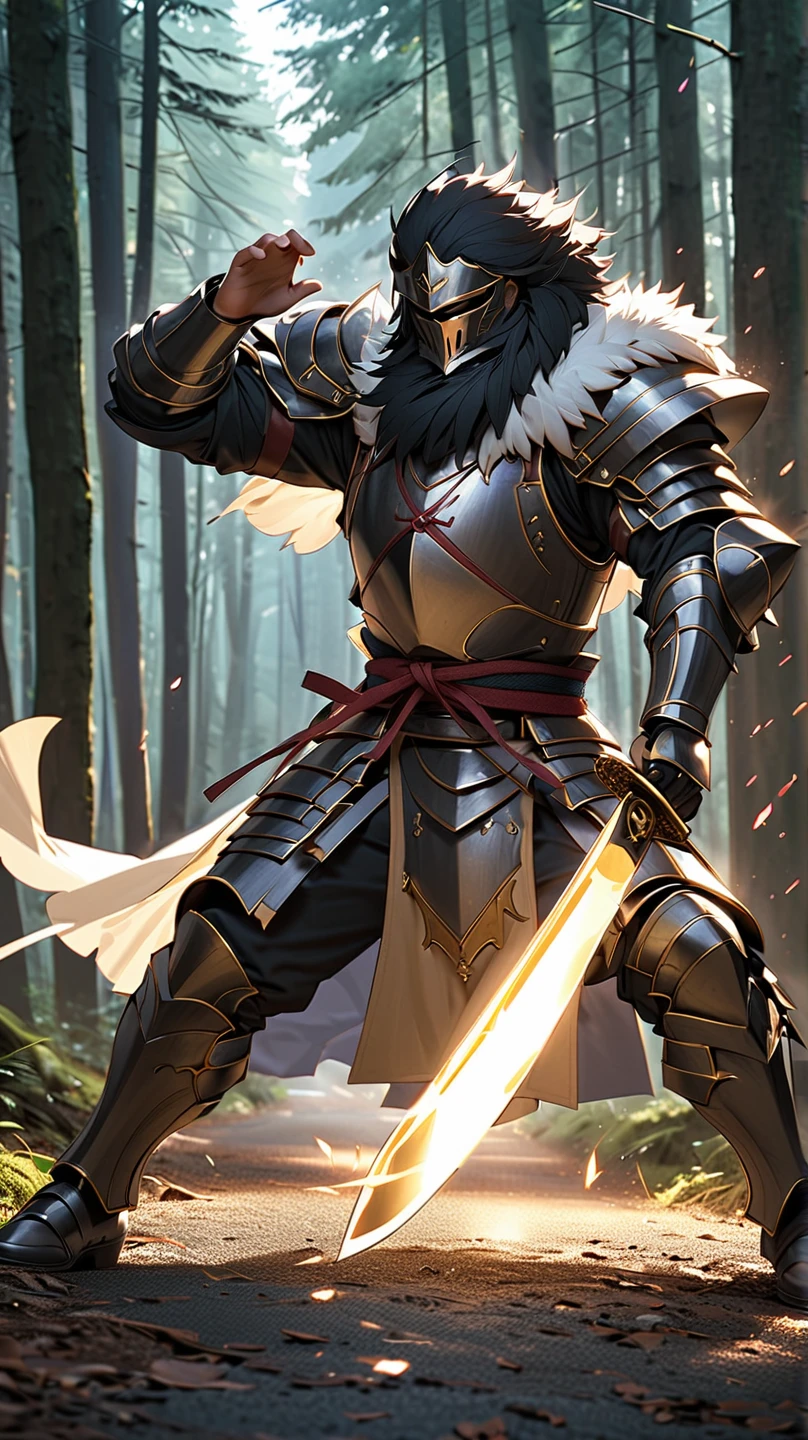 man,  Fairy Slayer , Holy Knight,Wears heavy armor(Black Gold),karate,fighting stance,Fur collar ,Light in the forest on a black fur cape background,On the road, Full Body View , man,  Very detailed,  high detail