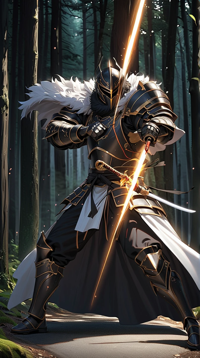 man,  Fairy Slayer , Holy Knight,Wears heavy armor(Black Gold),karate,fighting stance,Fur collar ,Light in the forest on a black fur cape background,On the road, Full Body View , man,  Very detailed,  high detail