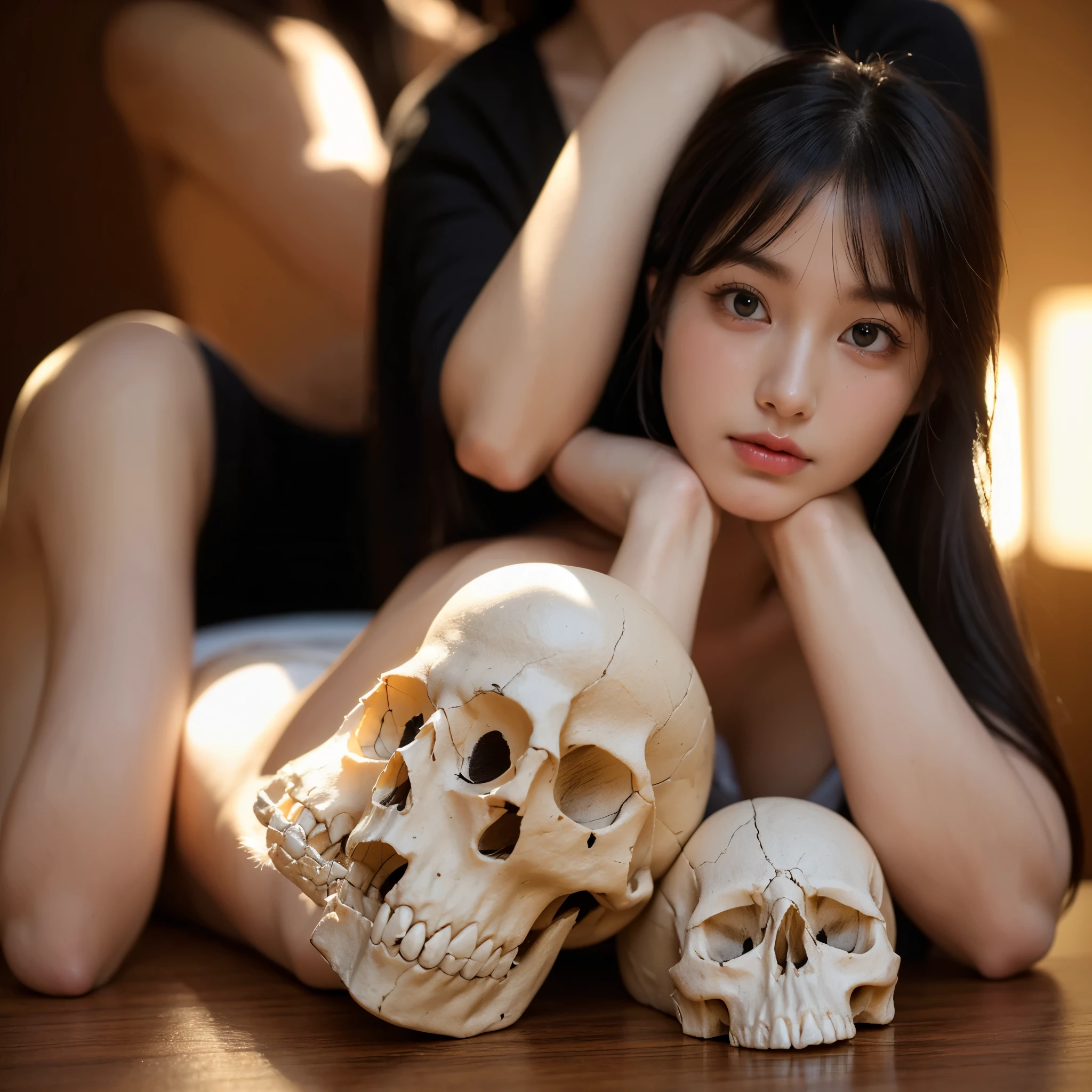 ((Bodeless skull on the table)),  Beautiful Girls, make up,  Beautiful Hair ,  high-detail facial , , pale skin  (  Ultra Realistic  ), Symmetry,  high quality ,  extremely detailed, Soft Light, Soft Shadows, Soft backlight, (Best Image,  is the best quality:1.5)