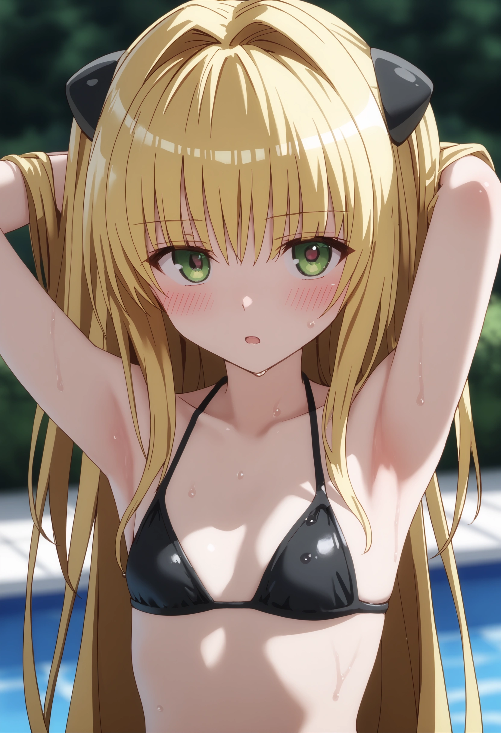 score_9,score_8_up,score_7_up,solo,outdoors,upper body,(portrait:1.5),looking at viewer,facing viewer,blush,Konjiki no Yami,very long hair,blonde hair,two side up,small breasts,bikini, black bikini, wet, pool, blush,arms up, pool, blush,bent over,moaning