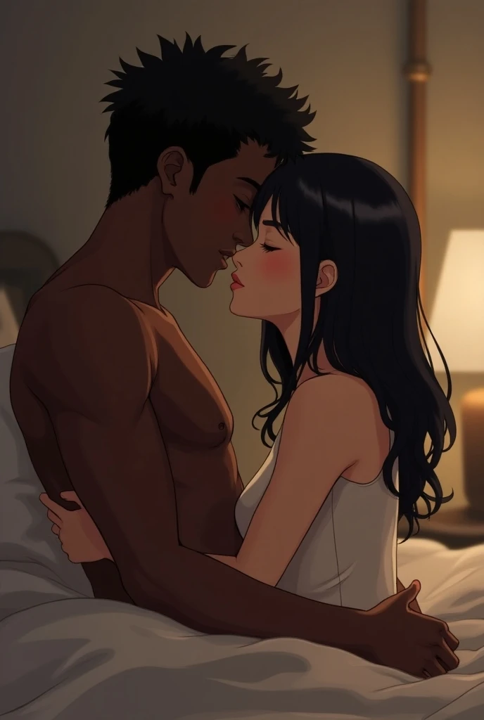 shinkai makoto, kimi no na wa., middle aged man, buzzcut, nude, muscular, wrinkles, mustache, middle aged man touching girl breast,breastgrope from behind, passionate hug, middle aged man is hugging from behind, kiss, 1girl, bangs, black hair, brown eyes, open mouth, Twisted Half Up, red ribbon, long hair, nude, breast, medium breast, pink nipples, night, indoors, bedroom, lying on bedsheets, masterpiece, perfect anatomy, cowboyshot, 