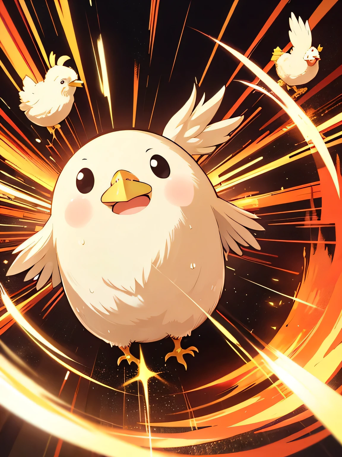 anime、High image quality、 high resolution on down、Chicken chicks are sprinting at full speed、Round shape、Sweaty、