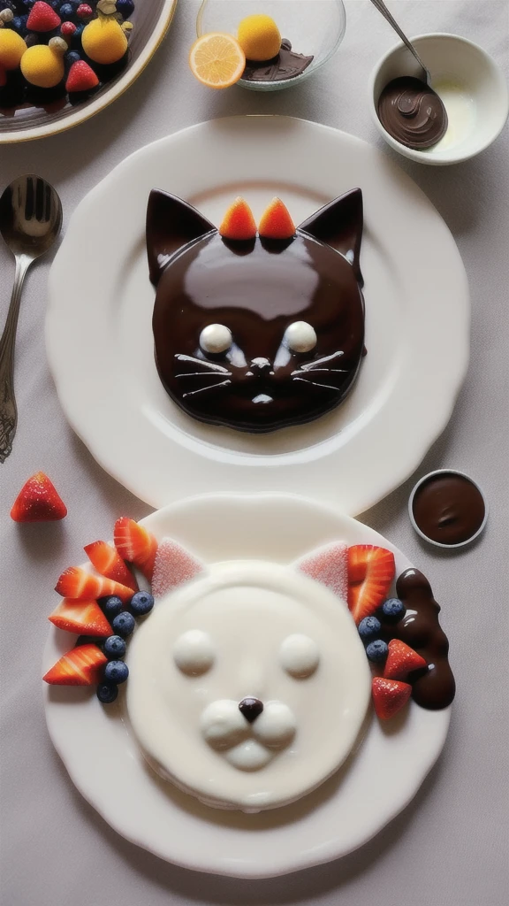 The curd mass on a beautiful plate is on a beautiful table, a plate in the shape of a cat's head , the mass is sprinkled with chocolate and candied fruits