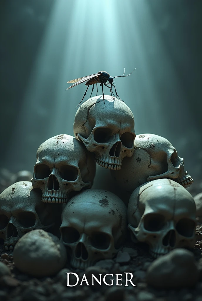 A dark, atmospheric scene with a mosquito standing triumphantly atop a human skull, surrounded by a vast pile of other skulls. A beam of light shines down from above, illuminating the mosquito and the skulls. The mood is eerie and ominous, highlighting the deadly impact of mosquitoes on human lives."