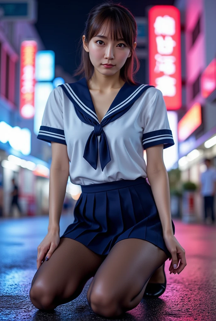 Highest quality,Super detailed,masterpiece,Realistic,8K,Photo Real,(Please shine a light on my face、Bright lighting:1.4),One Girl, Very beautiful 17 year old girl, (cute:1.2),A faint smile, (Brown eyes),(Brown haired),(prohibit),Perfect glowing skin,Perfect Skin,((erotic,Sexy and sexually explicit)),((Precise needles without discomfort)), (Big Breasts:1.1),big breasts and small waist, Look at the viewers,((Sailor suit)),((Short sleeve uniform white shirt)),(Red tie),(Plaid mini pleated skirt),(((Roll up the skirt yourself:1.4))),(I lifted it myself),(Showing panties),Wearing panties,Panty Focus,((get up,Spread your legs)), socks, (Black knee socks),(Loafer shoes), (night,Metropolis,skyscraper、Shibuya 109、intersection:1.4)、(From below:1.6)