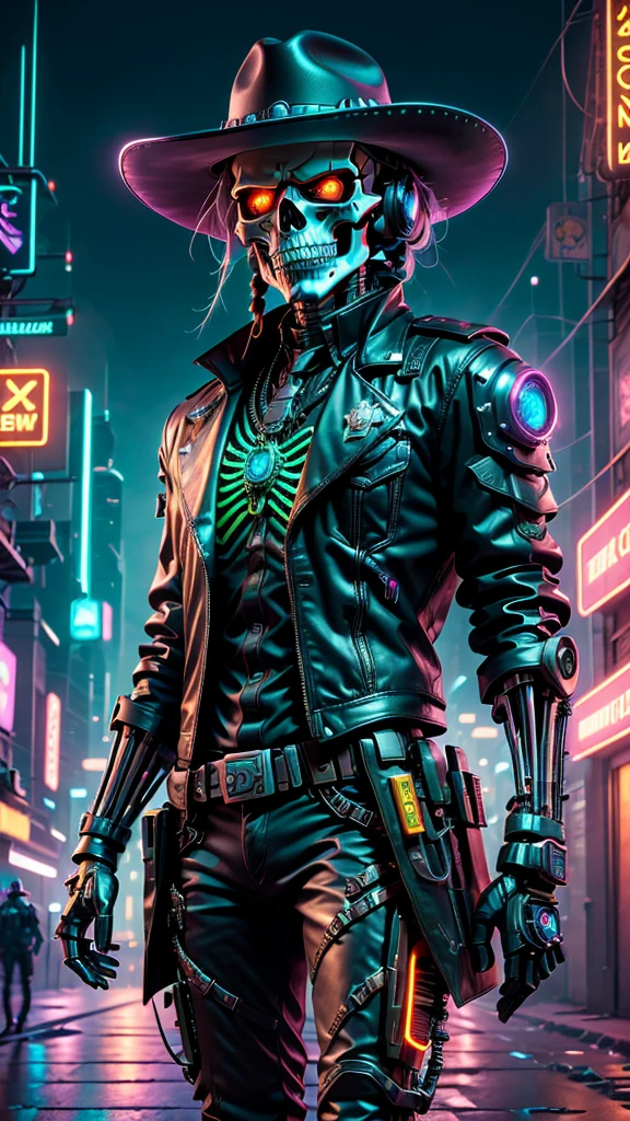 cyberpunk personage,Skeleton Robot polisi Sheriff,Mysterious dark background,neonlight,cybernetically enhanced,Weapons of the future,wearing a cowboy hat+neonlightedge,Bionic arm,metal chin,red luminous eyes,dystopian city,Focus sharp,Steely texture,vivd colour,concept art style.(Best quality at best,4K,8k,A high resolution,tmasterpiece:1.2),ultra - detailed,(Actual,photoActual,photo-Actual:1.37),