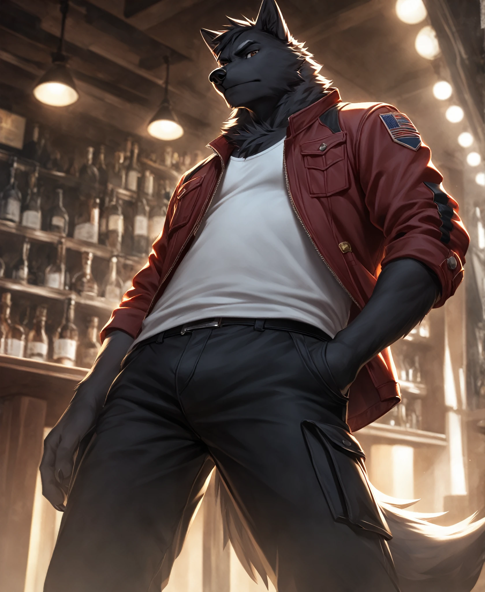 solo,furry,furry male,wolf,adult,black_skin,black fur,wolf ears,wolf tail,muscular,tall,white tank_top,black cropped_jacket,black cargo_pants,contempt,shaded_face,standing,hand_in_pocket,from_below,looking_down,looking_at_viewer,bar \(place\), Golden patterns on the skin,(masterpiece:1.3),(best quality:1.2),(ultra-detailed:1.2),(8k resolution:1.2),highres,original,extremely detailed wallpaper,perfect lighting,(extremely detailed CG:1.2),dynamic composition,realistic rendering,depth of field,digital painting,concept art；