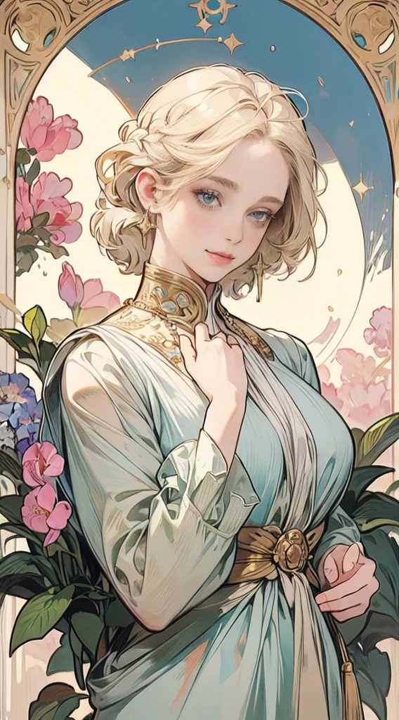 (masterpiece), Best Quality, Super detailed, Illustration, Detailed light, very delicate and beautiful asian girl,  Deep Blue Eyes ,  smiles lightly, (  from the front ), ( face focus ), Put your hands together, Hanging garden with flowers in full bloom ,  The Petals Dance, Great hands, Perfect hands, (the above),  asymmetrical bang:1.3,  Altrian style braided van ,  short hair, White-gold hair, E Cup:1.2,   very detailed face and eyes .  Alphonse Mucha .fortune teller,Horoscope,