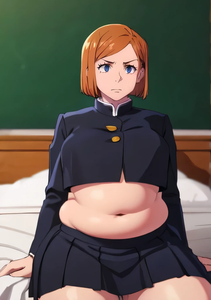 (masterpiece,Best Quality),1 girl,blurry background,big belly,round belly,weightgain,chubby,curvy,thunder thighs,thick thighs,short hair,brown hair,torn shirt,skirt,thigh length,simple_background,gradation_background,distended belly,(((black school uniform))),long sleeve,software,safe for work,sitting on bed,software (safe for work),Kugisaki Nobara,