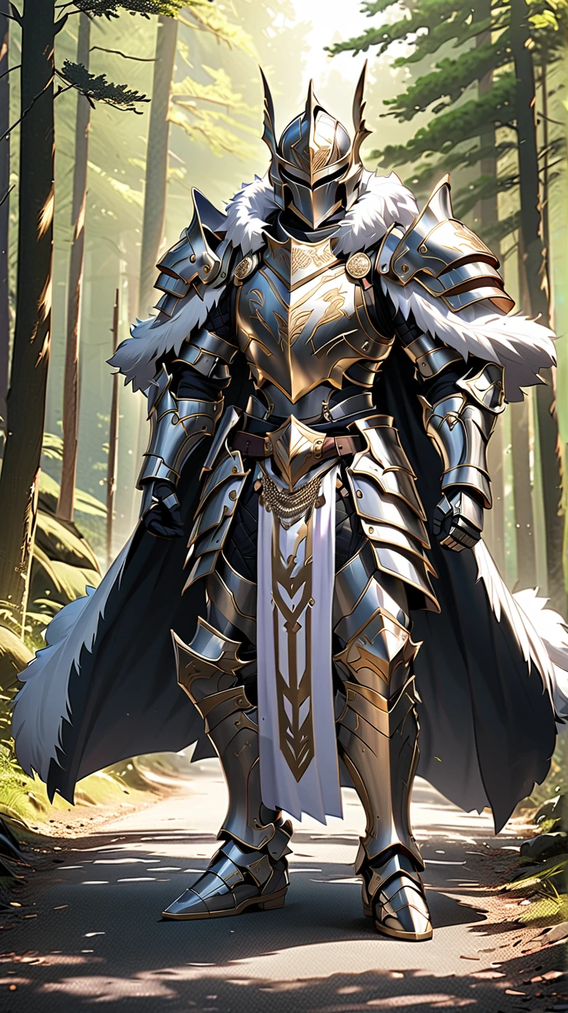 man,  Fairy Slayer , Holy Knight,Wears heavy armor(White Gold),helmet,karate,,Fur collar ,Light in the forest on a black fur cape background,On the road, Full Body View , man,  Very detailed,  high detail