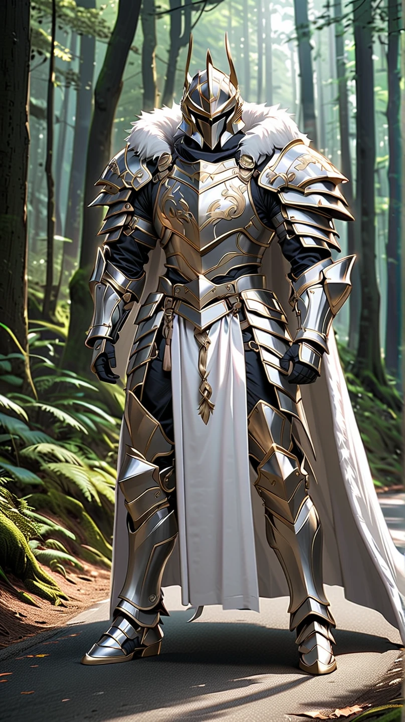 man,  Fairy Slayer , Holy Knight,Wears heavy armor(White Gold),helmet,karate,,Fur collar ,Light in the forest on a black fur cape background,On the road, Full Body View , man,  Very detailed,  high detail