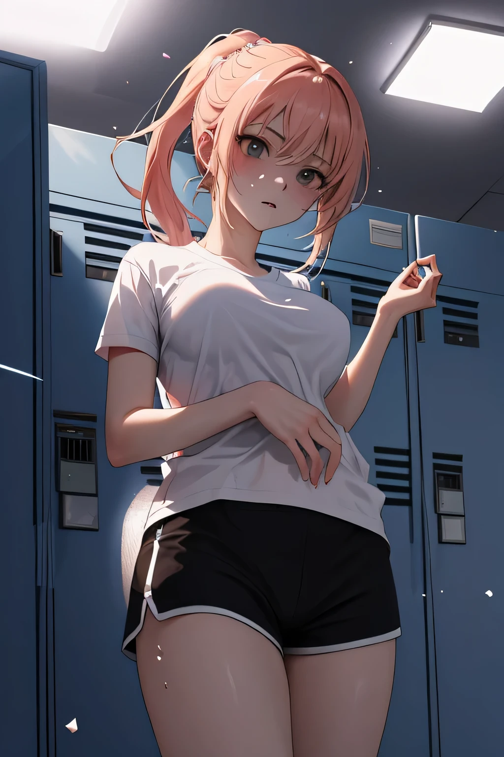 Masterpiece, Best Quality, Hi-Res, source_anime, (good_hands:0.9) , 1girl, black eyes, focused eyes, pink ponytail hair, white plain volley shirt, big breast, black shorts, from below.stand, High Contrast Glossy Oily Skin, locker room, shy, dramatic shadows, cinematic lighting, (light particles:1.3)