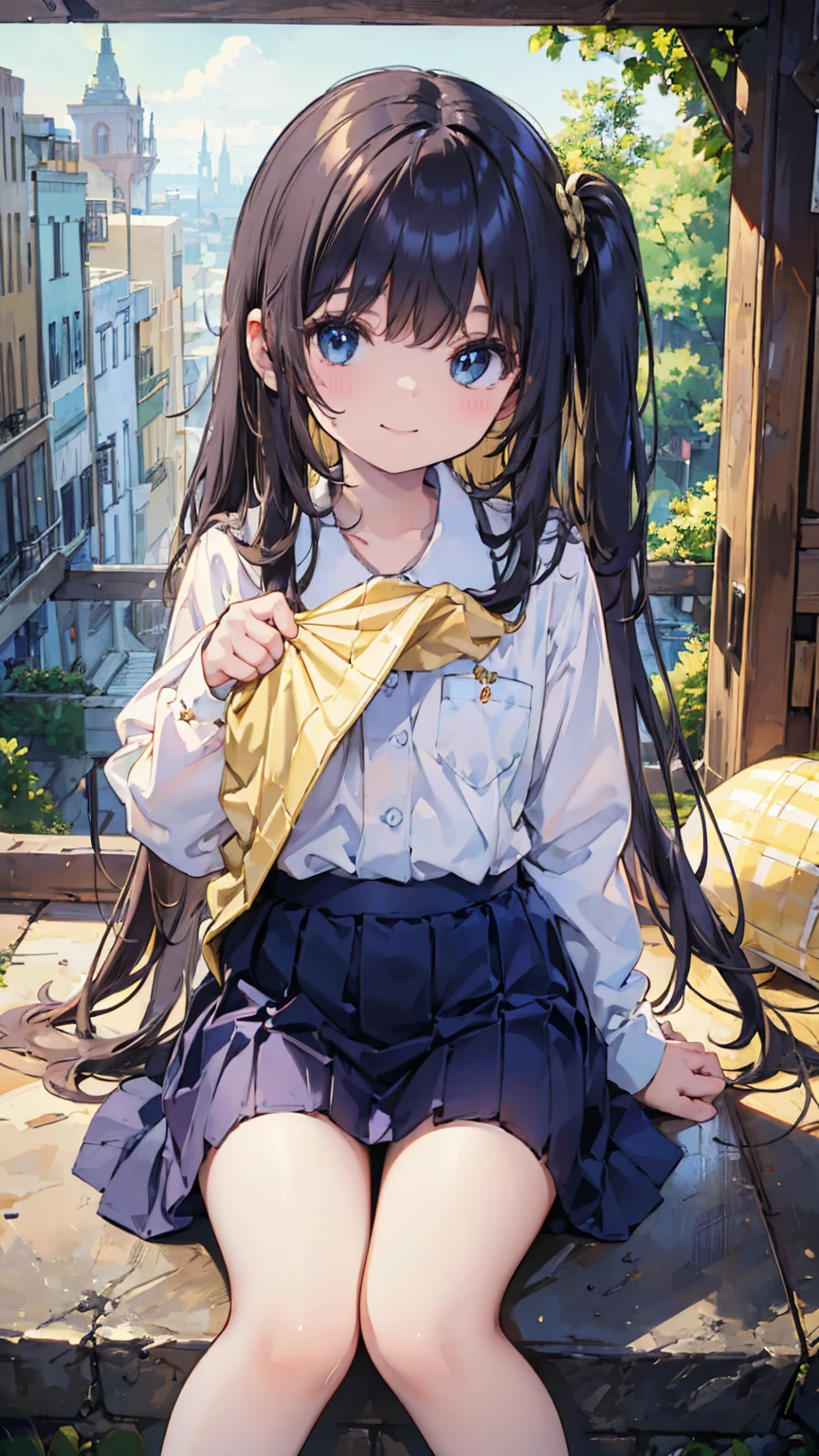 absurd, absolute resolution, incredibly absurd, super high quality, super detailed, official art, unity 8k wall, masterpiece
BREAK
One , innocent, small and young toddler, cute tiny baby body size , evil smile ,  (Super detailed),  ((sitting under a beautiful golden city:1.3)),(1 person、:1.4)、 (((shirt lift half show pusy)) ,long hair,