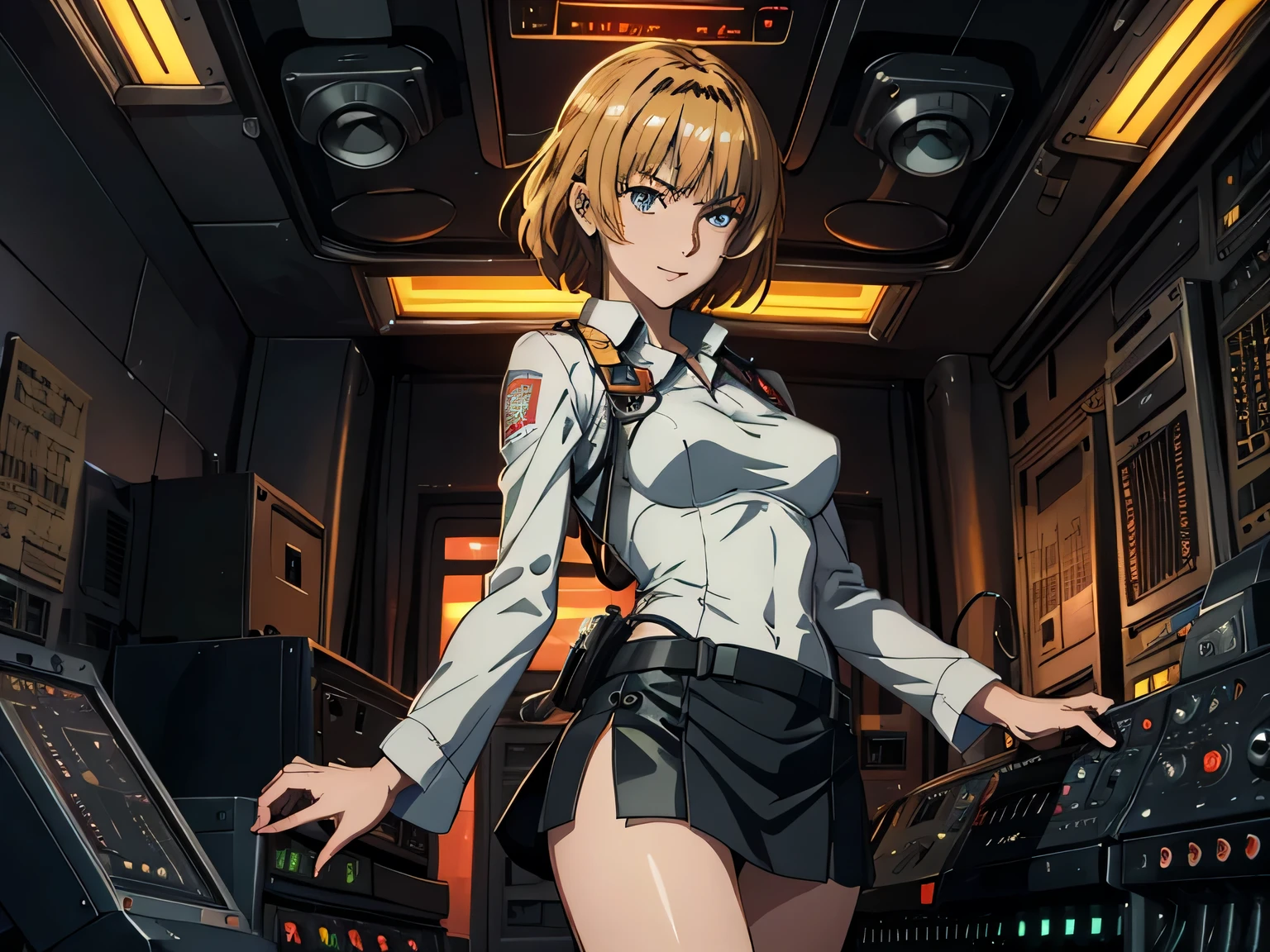 anime、High image quality、 high resolution on down、 one woman、 Miniskirt、 Fearless Smile 、earth defense force、Audio Room、 tense scene for you 、((( operating an instrument panel )))、 lamp flashing 、Large speakers、LP Records 、