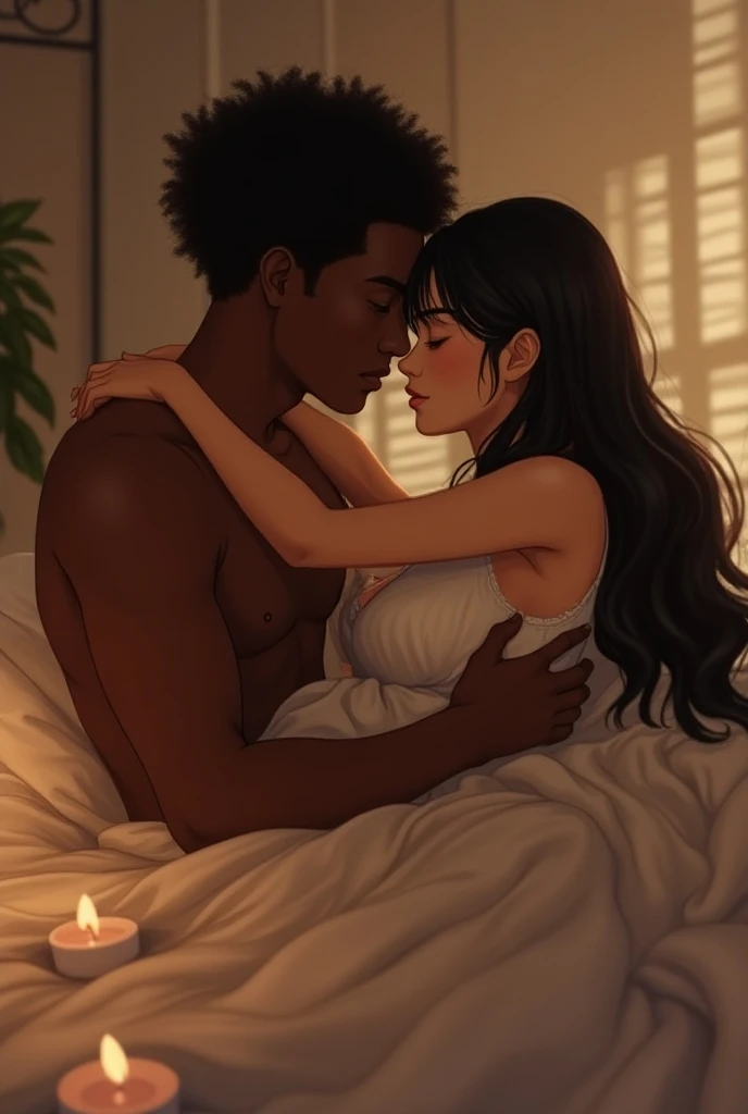 score_9, score_8_up, score_7_up, 1 girl, (dark skinned:1.5), sex position, (kissing a white boy:1.2), blushing, bedroom background, naked, black eyes, long black hair