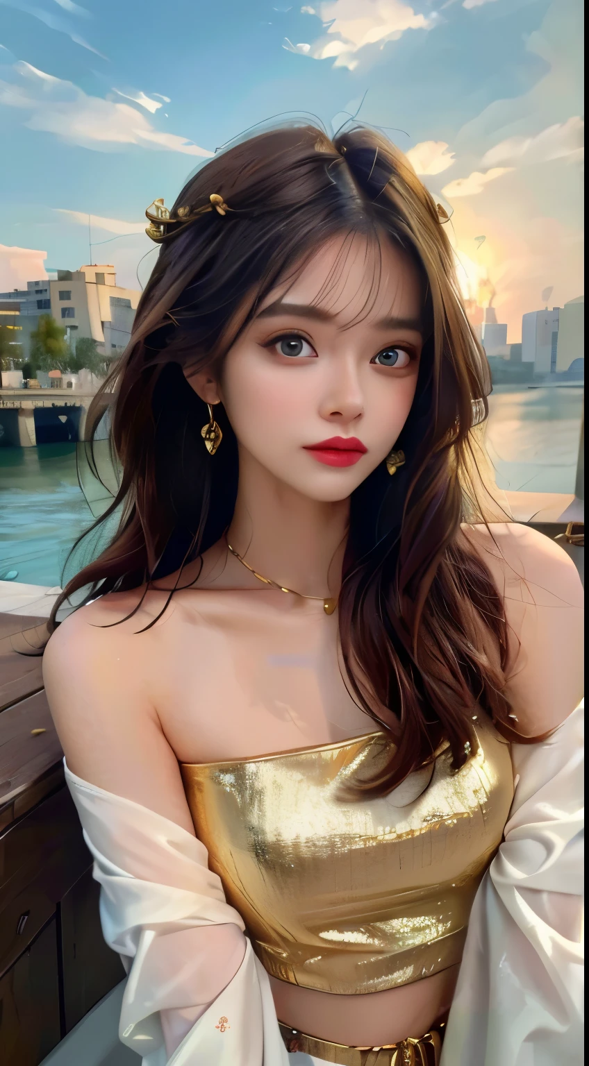 ((highest quality, 8K, masterpiece)), Super detailed, ,from the chest up, cute off shoulder top pants girl,Moist eyes,Glossy lips,,, gold long hair,,cottony clouds