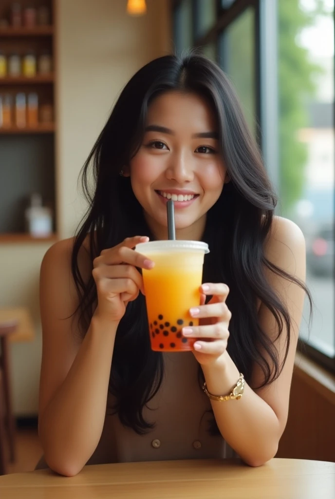 (Realistic, RAW photo), an upper body portrait photo of asian girl, natural pale and fine skin, 8k uhd, high quality, film grain, (Fujifilm XT3) ,dream_girl, dynamic expression, photo-real, cute, high_school_girl, long hair, silky hair, with bangs, with a smile, drinking orange juice