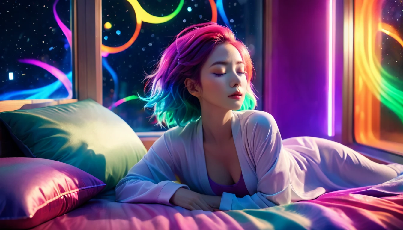 {{masterpiece}}, best quality, Extremely detailed CG unified 8k wallpaper, Movie Lighting,Futurism, A woman sleeping in bed,Long legs,Sleep with eyes closed,Huge window behind, A quiet night. , Multi-colored hair, (Colorful hair:1.5),