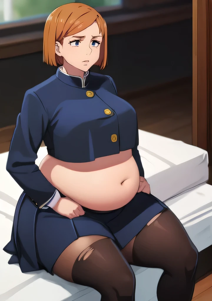 (masterpiece,Best Quality),1 girl,blurry background,big belly,round belly,weight gain,over weight,chubby,curvy,thunder thighs,thick thighs,short hair,brown hair,torn shirt,skirt,thigh length,simple_background,gradation_background,distended belly,(((black school uniform))),long sleeve,software,safe for work,sitting on bed,software (safe for work),Kugisaki Nobara,