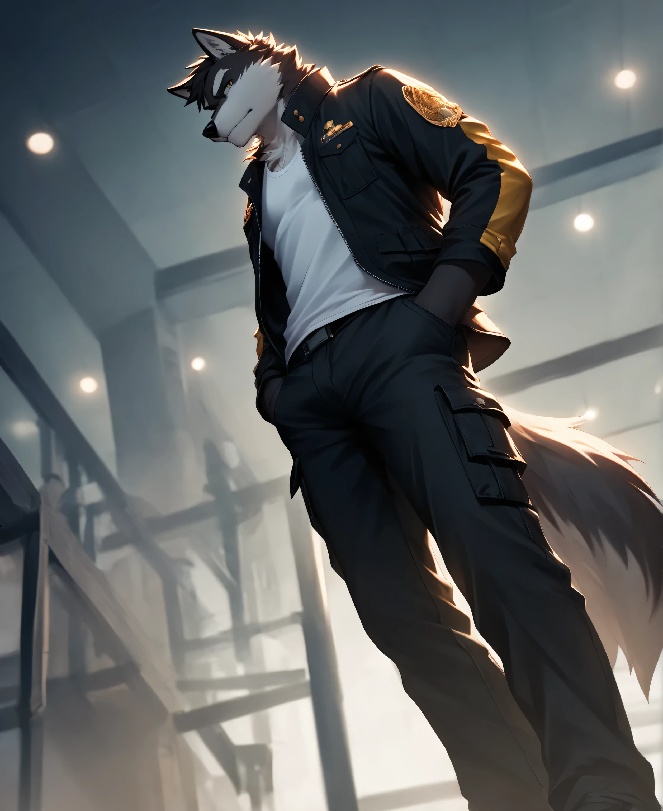 solo,furry,furry male,wolf,adult,black_skin,black fur,wolf ears,wolf tail,muscular,tall,white tank_top,black cropped_jacket,black cargo_pants,contempt,shaded_face,standing,hand_in_pocket,from_below,looking_down,looking_at_viewer,bar \(place\), Golden patterns on the skin,(masterpiece:1.3),(best quality:1.2),(ultra-detailed:1.2),(8k resolution:1.2),highres,original,extremely detailed wallpaper,perfect lighting,(extremely detailed CG:1.2),dynamic composition,realistic rendering,depth of field,digital painting,concept art；