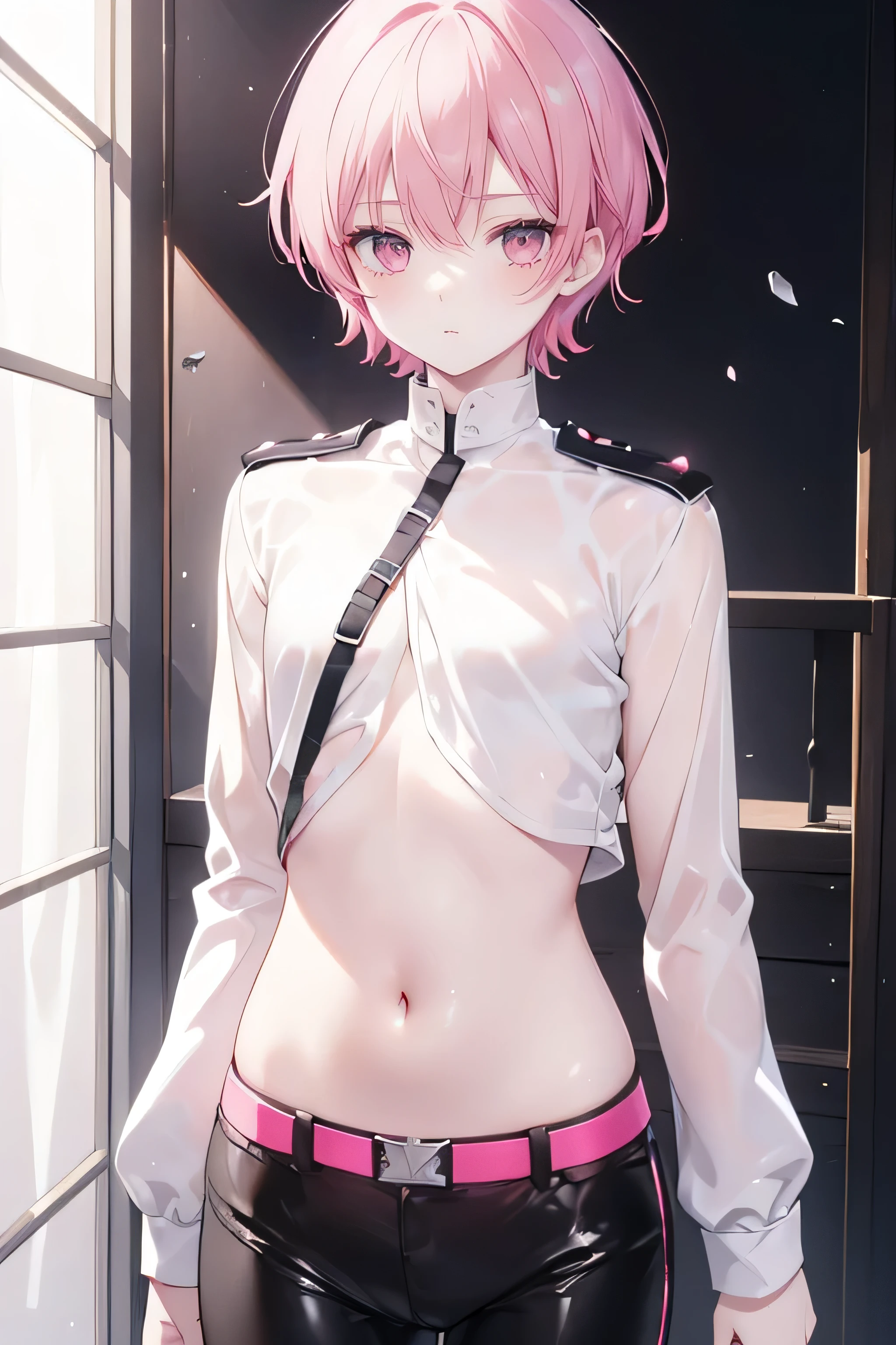Belly button shirt, short hair, pink-red hair, 8k Octane, white skin, modern black armor, open belly, cute boy, height 165, Slim, fragile body, Black long-sleeved shirt