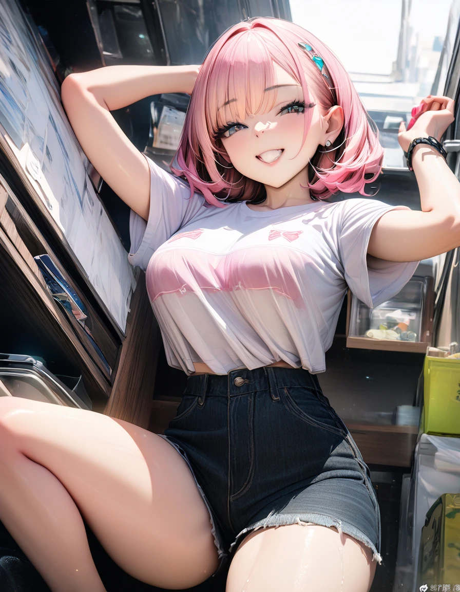((最high quality, 8k, masterpiece)), High resolution、(high quality: 1.5)、Very detailed、Detailed face、Bright colors、Natural light、Fine grain、Colorful eyes、Beautiful Face、Highly detailed face texture of a woman,masterpiece, 最high quality, Detailed and beautiful eyes,最high quality、Best image quality、masterpiece,girl,smile,From below,grin,(Brat),Pink Hair,Cute clothes,Printed shirt,Shorts,Just beautiful,masterpiece,(laugh at),最high quality、so beautiful,High resolution,1girl, solo,(masterpiece:1.2)、(最high quality:1.2)、Latest Glossy Skin