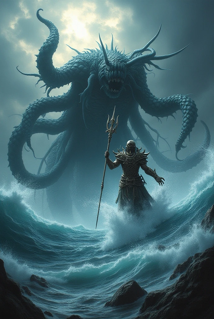 Sea monster hunter in battle with the kraken.
The hunter holds a harpoon above his head in both hands and aims it directly at the monster. There is a storm around it and the lightning bolts flash. The rain is very heavy.