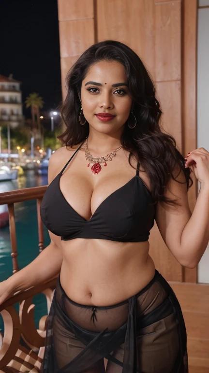 night, indian, curvy, hourglass figure, swooping breasts, deep cleavage, sexy armpits, seductive eyes, teeth, look at viewer, black Saree, red lips, long wavy hair, necklace, seducing with a pole in Cannes movie festival with wide open spread legs 4K, HD