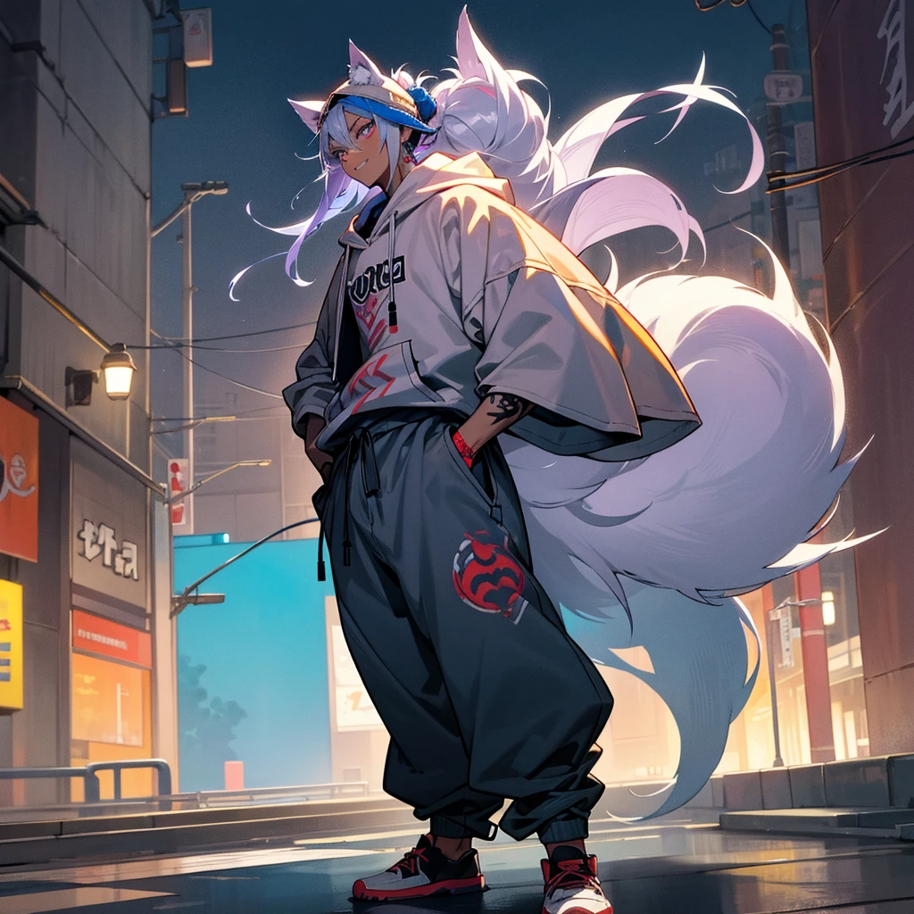 1male, young adult, dark skin, finely detailed plum eyes, messy top bun, wild long hair, grey hair color with blue highlights, designer hoodie, baggy pants, standing on street, night time, tokyo streets, excited expression, muscular, tattoos, holding soda In hand, wolf ears, wolf tail, baseball cap