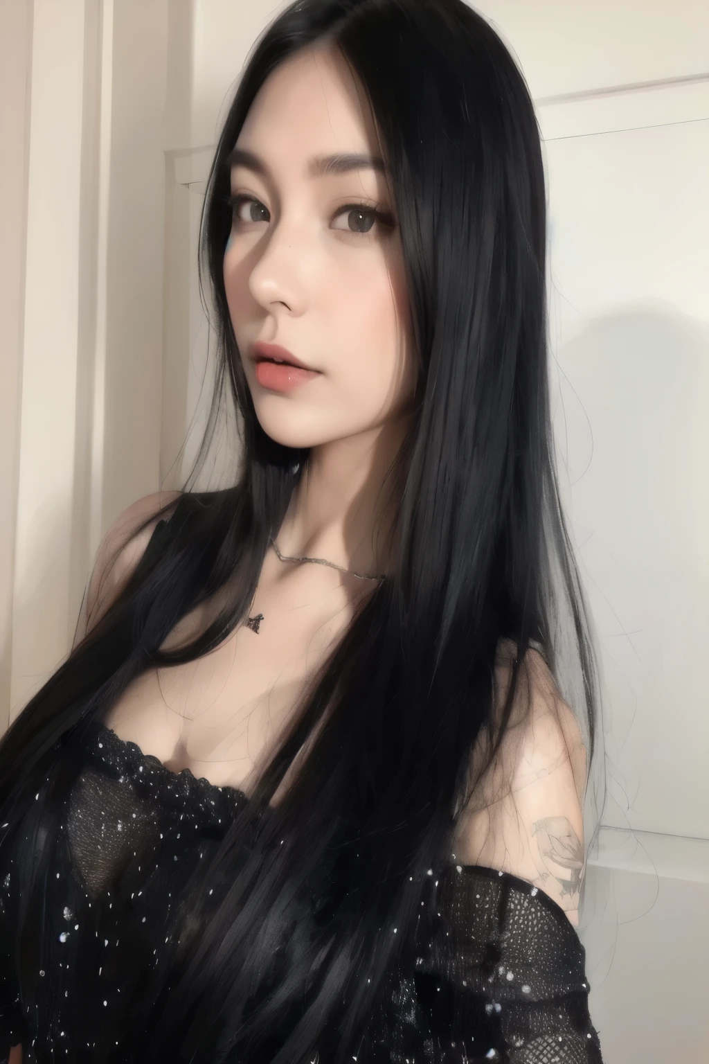 arafed woman  with long black hair and a black dress, pale gothic beauty, with  straight black hair, long shiny black hair, with long dark hair,  with long black hair, female  with long black hair, 1  goth girl, black hair and big eyes,  straight black hair, long thin black hair, with long hair and piercing eyes,jenny kim