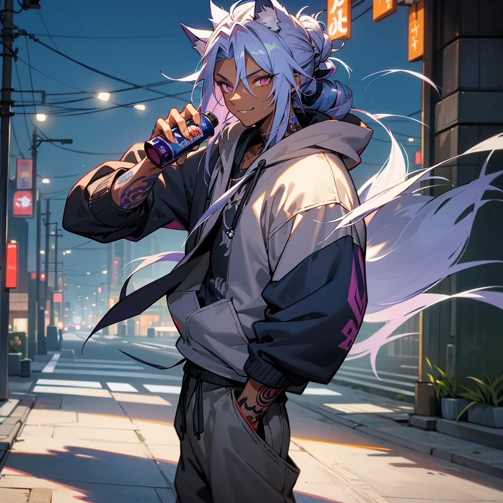 1male, young adult, dark skin, finely detailed plum eyes, messy top bun, wild long hair, grey hair color with blue highlights, designer hoodie, baggy pants, standing on street, night time, tokyo streets, excited expression, muscular, tattoos, holding soda In hand, wolf ears, wolf tail, backwards baseball cap