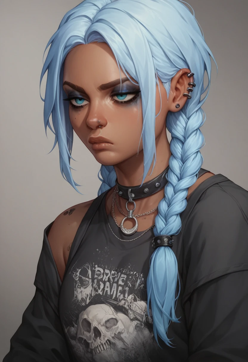 An adult character from the series arcane, pigtail, straight hair bang, grunge/goth clothes, dark skin, light blue tired eyes (very light hair)