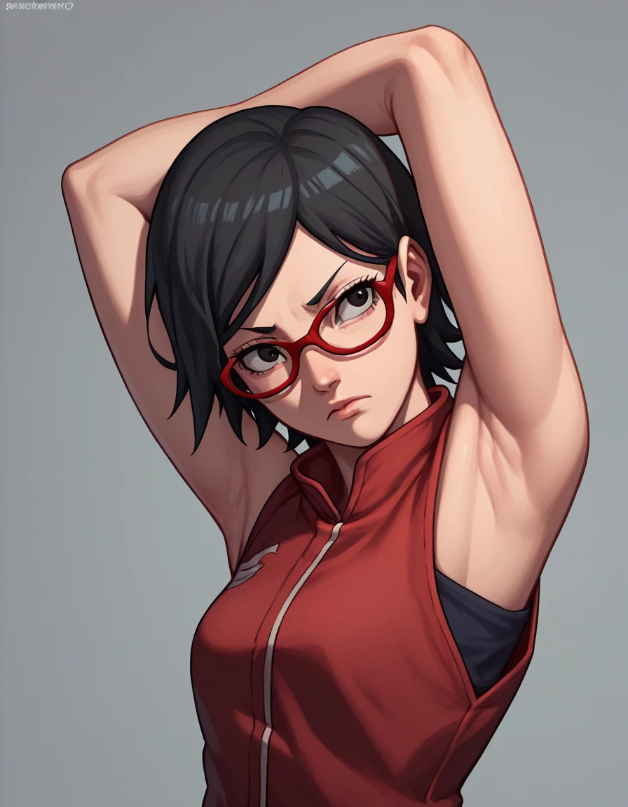 (anime art style:1.1):sarada uchiha, short hair, black hair, black eyes, red-framed eyewear, glasses, swept bangs,,(Armpit:1.3)，(スチーム，スチームimg:1.1)， 赤いドレス,